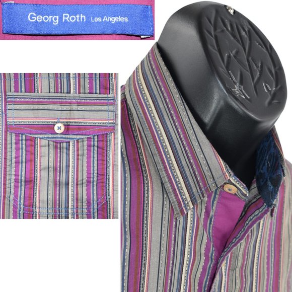 Georg Roth LA Medium Slim Fit Purple Multi Striped Cotton Polyester Long Sleeve - Picture 9 of 11